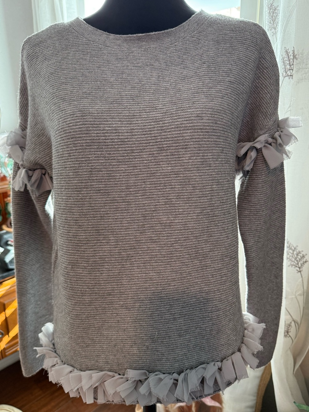 Sisters Gray Taupe Knit Sweater Fringe Tie Detail Long Sleeve Medium Wester Boho